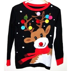 Womens Ugly Christmas Sweater Reindeer Pom Pom Black Holiday Knit Top XS